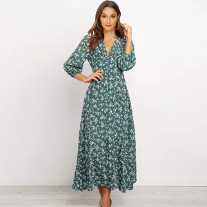 Women Elegant V Neck Long Shirt Dress Autumn