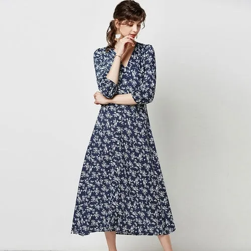 Women Elegant V Neck Long Shirt Dress Autumn