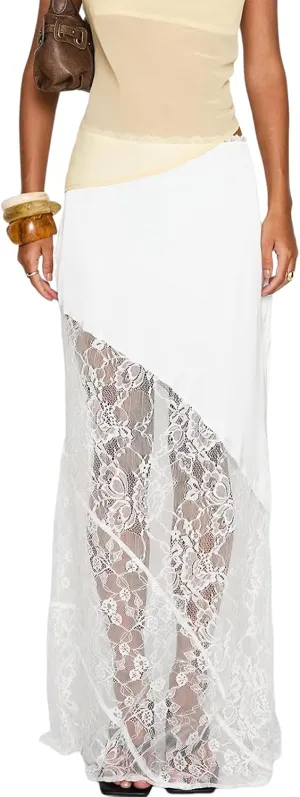 Women Fairy Lace Patchwork Maxi Skirt Y2k Low Rise Irregular Hem Flowy Midi Skirt Holiday Beach Elegant Long Skirts