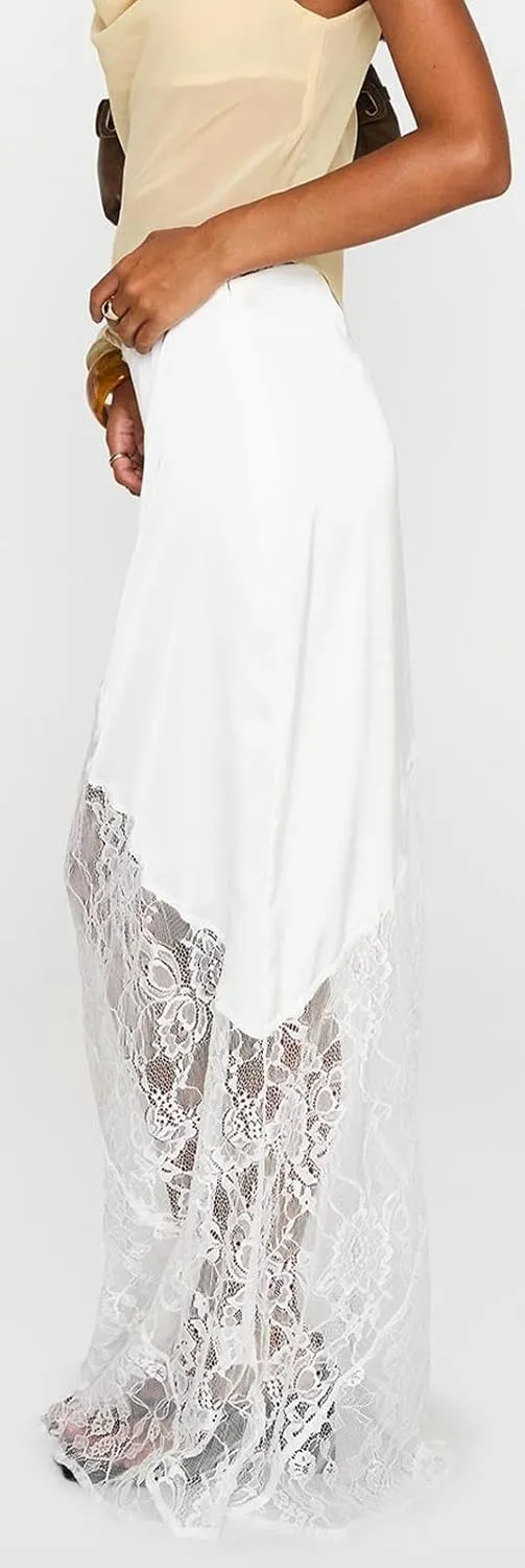 Women Fairy Lace Patchwork Maxi Skirt Y2k Low Rise Irregular Hem Flowy Midi Skirt Holiday Beach Elegant Long Skirts