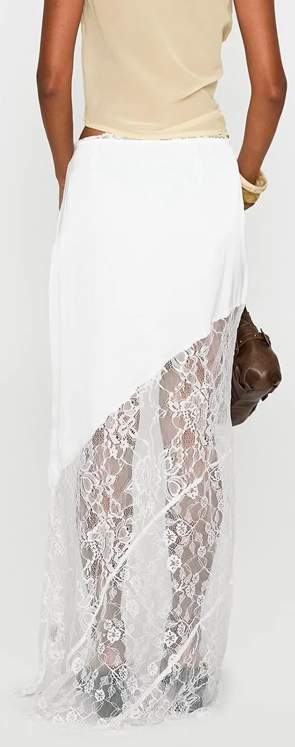 Women Fairy Lace Patchwork Maxi Skirt Y2k Low Rise Irregular Hem Flowy Midi Skirt Holiday Beach Elegant Long Skirts