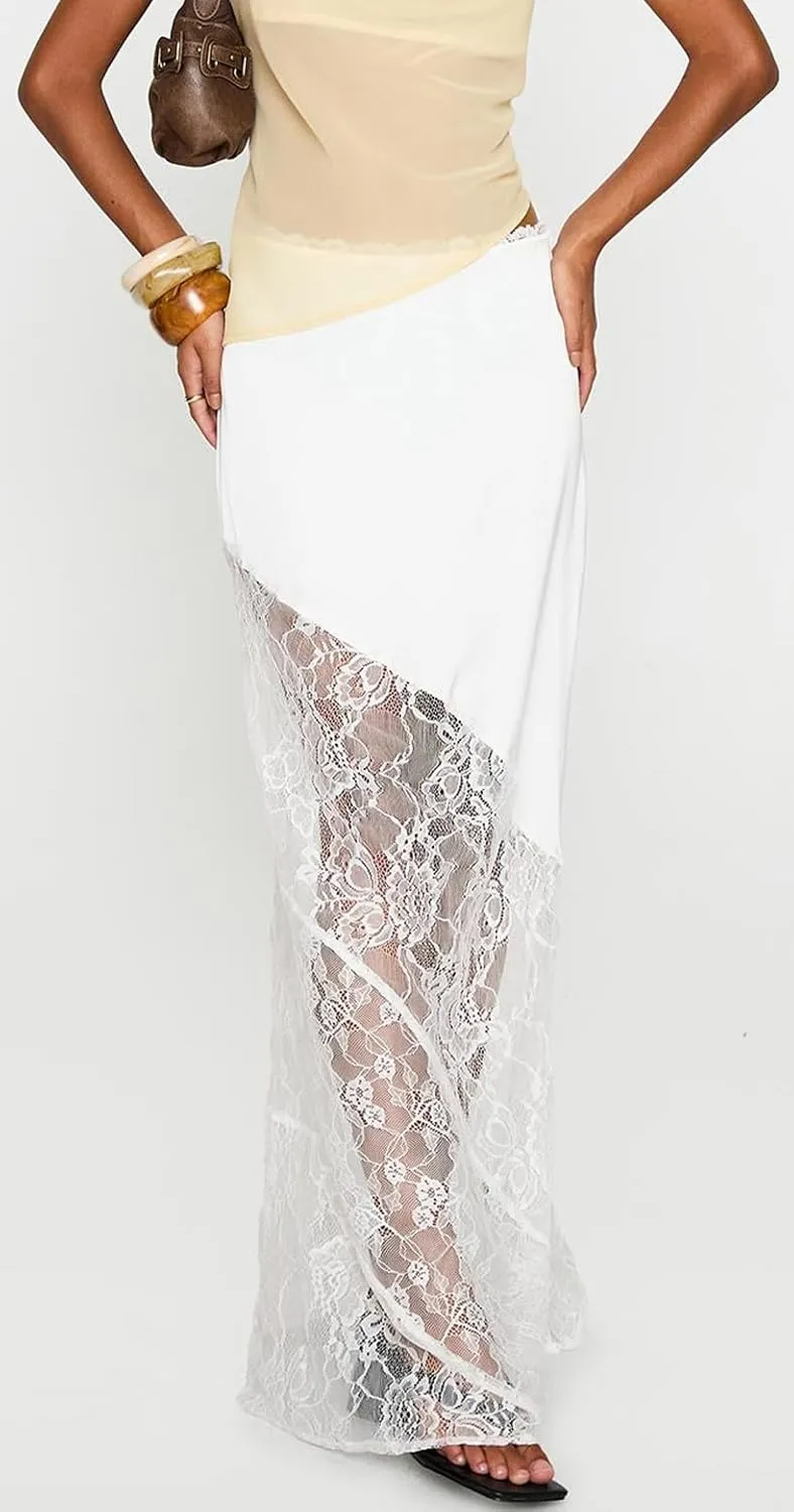 Women Fairy Lace Patchwork Maxi Skirt Y2k Low Rise Irregular Hem Flowy Midi Skirt Holiday Beach Elegant Long Skirts