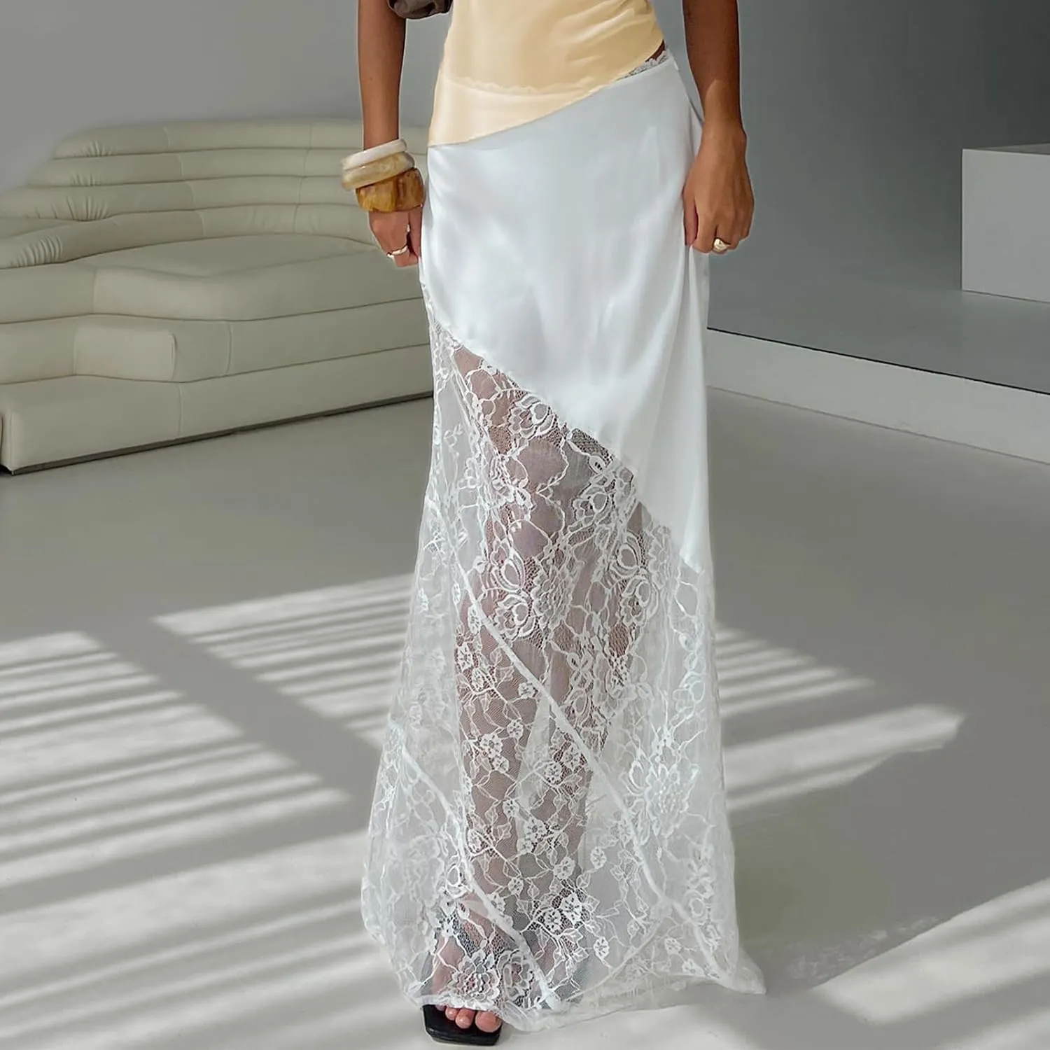 Women Fairy Lace Patchwork Maxi Skirt Y2k Low Rise Irregular Hem Flowy Midi Skirt Holiday Beach Elegant Long Skirts