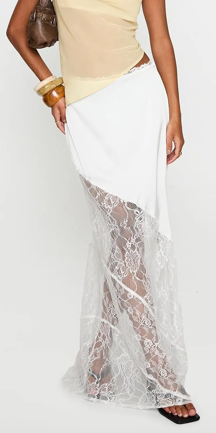 Women Fairy Lace Patchwork Maxi Skirt Y2k Low Rise Irregular Hem Flowy Midi Skirt Holiday Beach Elegant Long Skirts