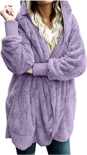 Women Hooded Cardigan Solid Oversized Open Front Hoodies Fleece Fuzzy Jacket 2024 Winter Warm Sherpa Coat With Pocket