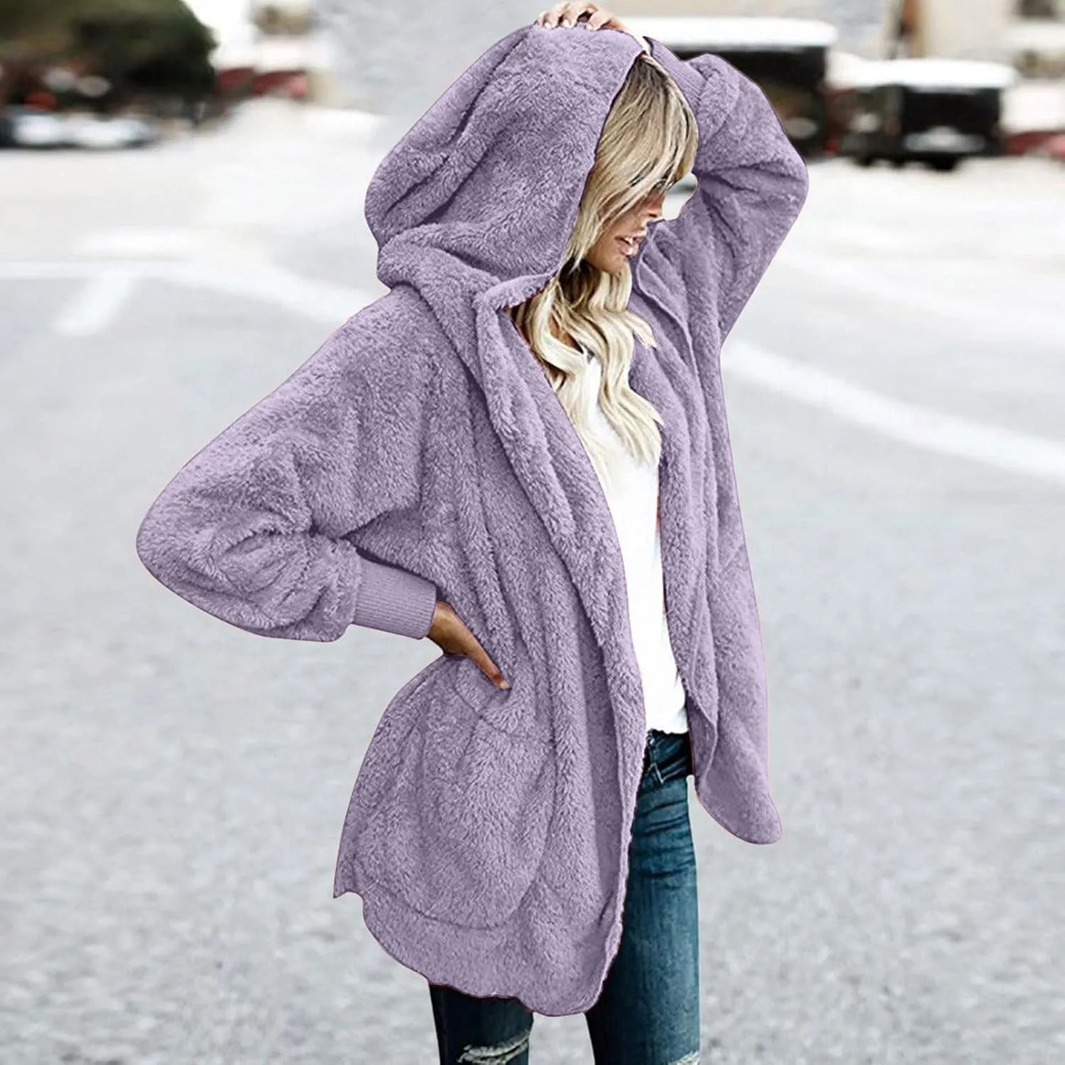 Women Hooded Cardigan Solid Oversized Open Front Hoodies Fleece Fuzzy Jacket 2024 Winter Warm Sherpa Coat With Pocket