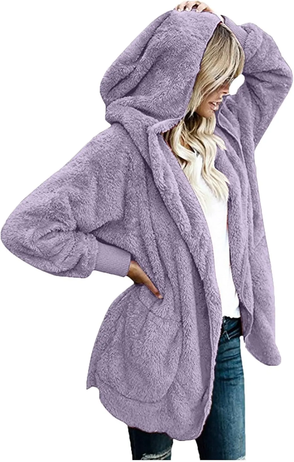Women Hooded Cardigan Solid Oversized Open Front Hoodies Fleece Fuzzy Jacket 2024 Winter Warm Sherpa Coat With Pocket