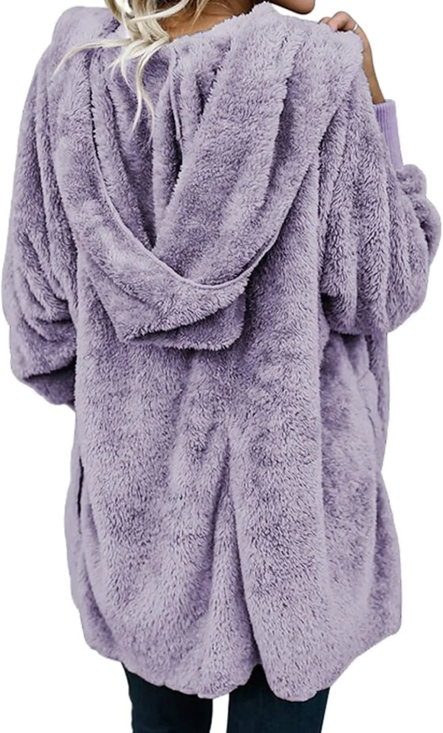 Women Hooded Cardigan Solid Oversized Open Front Hoodies Fleece Fuzzy Jacket 2024 Winter Warm Sherpa Coat With Pocket