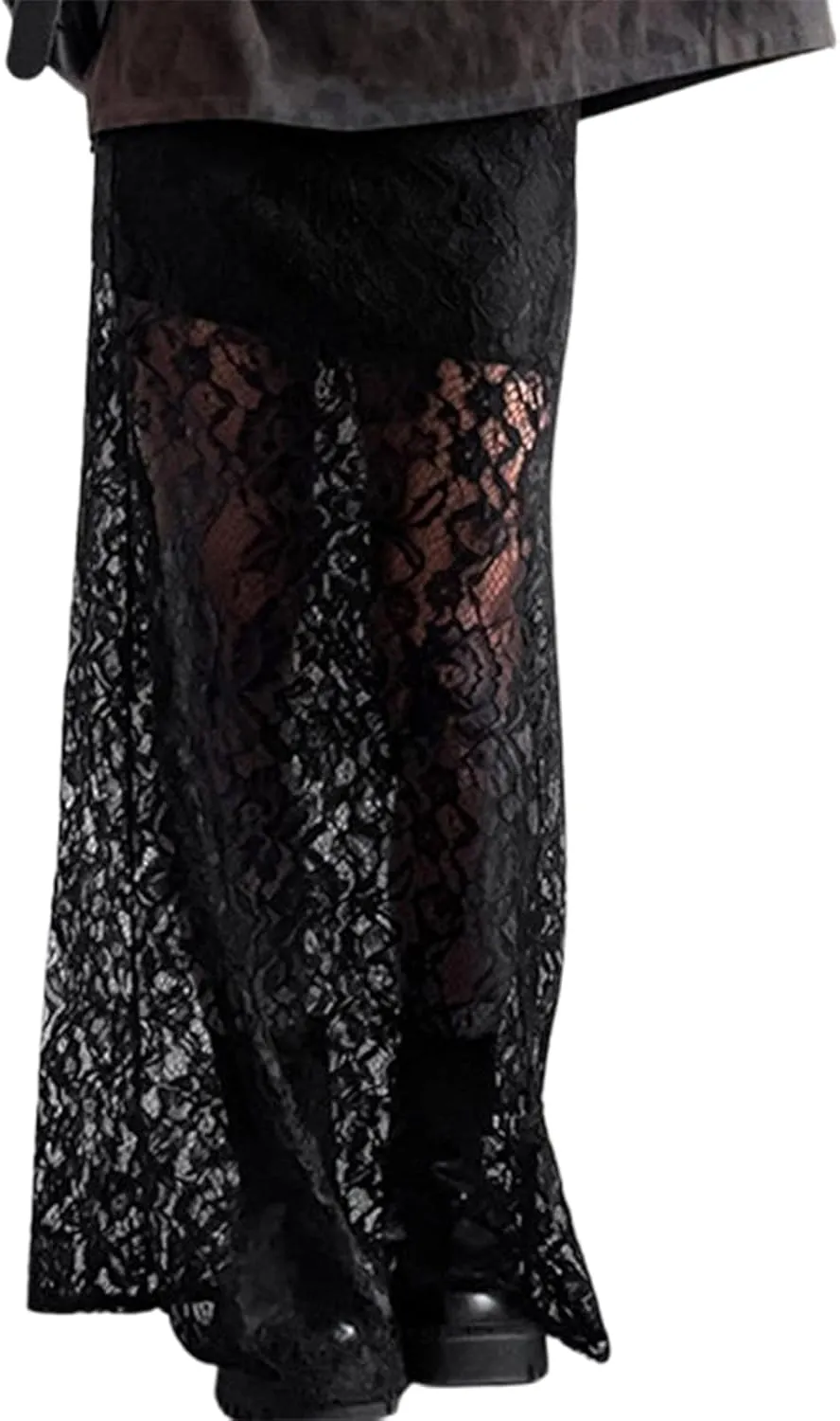 Women Lace Maxi Skirts Y2k High Waist Sheer Mesh Long Skirt Boho See Through Slim Fit Midi Skirt Streetwear