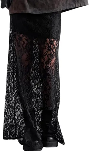 Women Lace Maxi Skirts Y2k High Waist Sheer Mesh Long Skirt Boho See Through Slim Fit Midi Skirt Streetwear