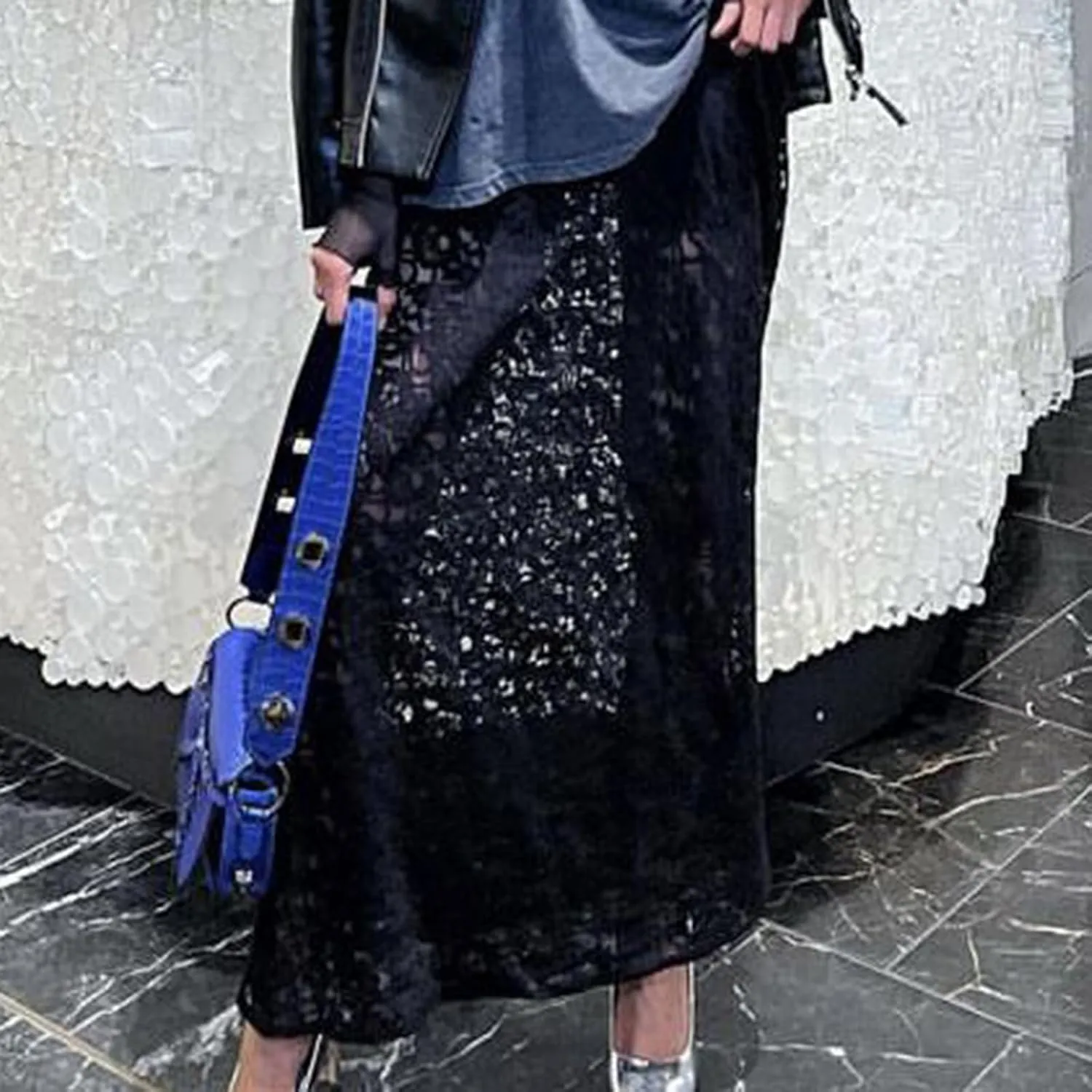 Women Lace Maxi Skirts Y2k High Waist Sheer Mesh Long Skirt Boho See Through Slim Fit Midi Skirt Streetwear