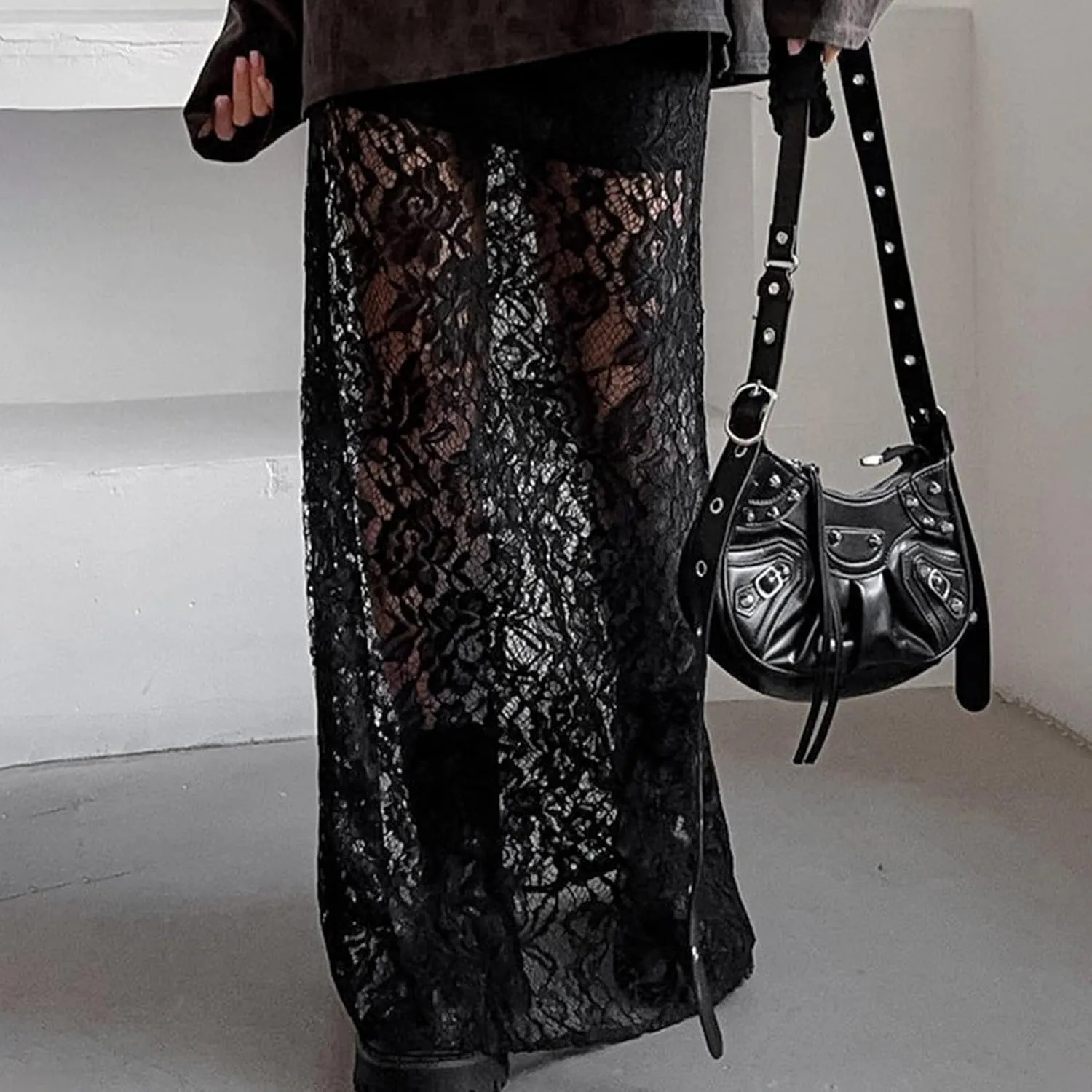 Women Lace Maxi Skirts Y2k High Waist Sheer Mesh Long Skirt Boho See Through Slim Fit Midi Skirt Streetwear
