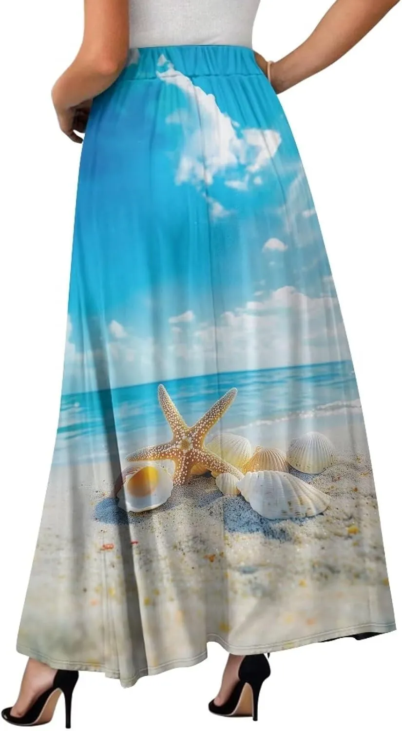 Women Long Skirt Casual A Line Ruffle Swing Flowy Skorts with Side Pokcet and Elastic Band S-XXL