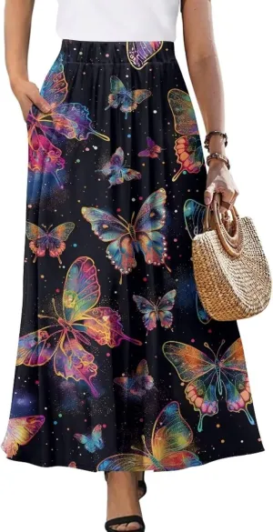 Women Long Skirt Casual A Line Ruffle Swing Flowy Skorts with Side Pokcet and Elastic Band S-XXL