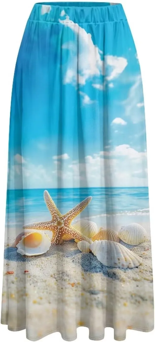 Women Long Skirt Casual A Line Ruffle Swing Flowy Skorts with Side Pokcet and Elastic Band S-XXL