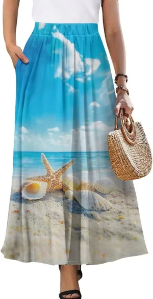 Women Long Skirt Casual A Line Ruffle Swing Flowy Skorts with Side Pokcet and Elastic Band S-XXL