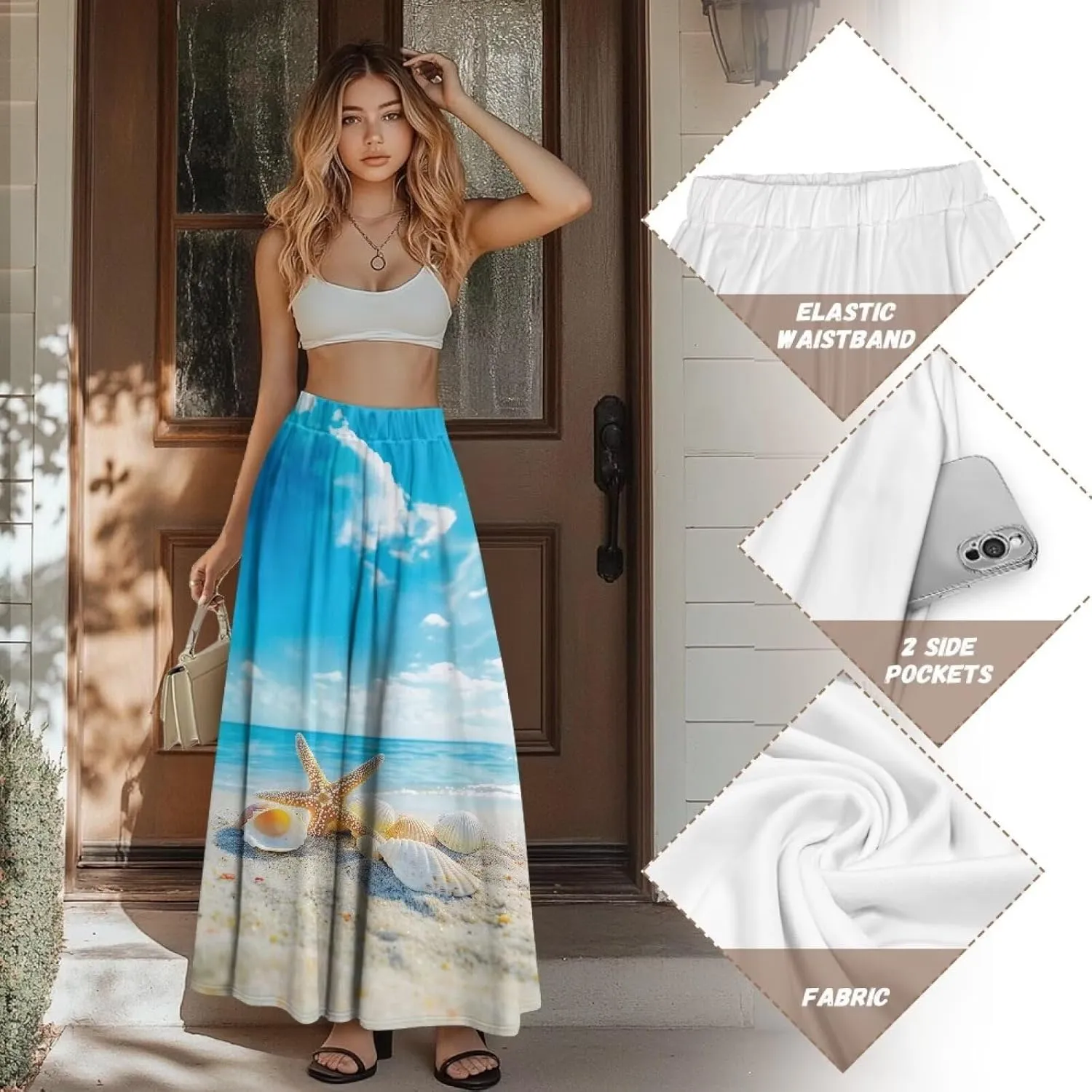 Women Long Skirt Casual A Line Ruffle Swing Flowy Skorts with Side Pokcet and Elastic Band S-XXL