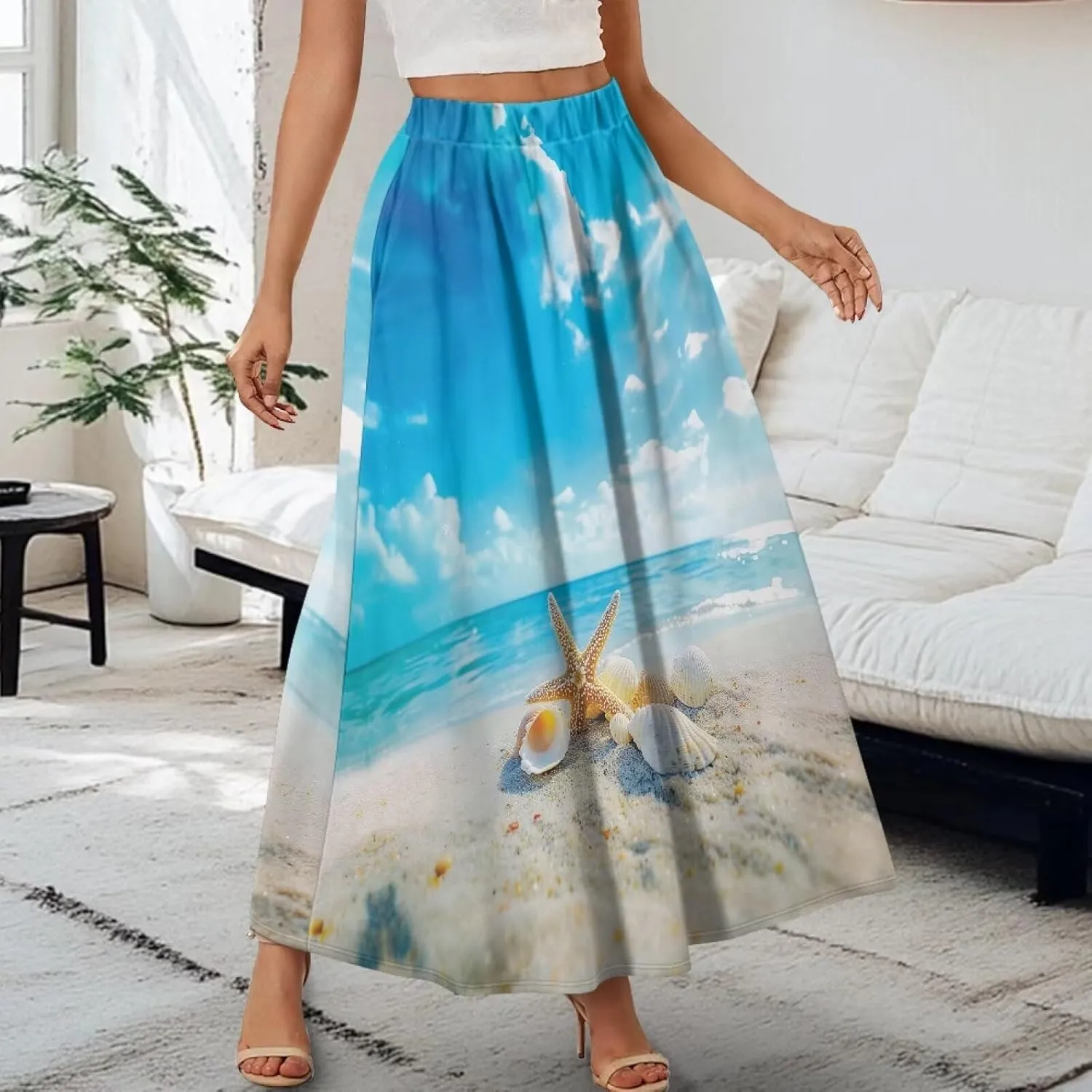 Women Long Skirt Casual A Line Ruffle Swing Flowy Skorts with Side Pokcet and Elastic Band S-XXL