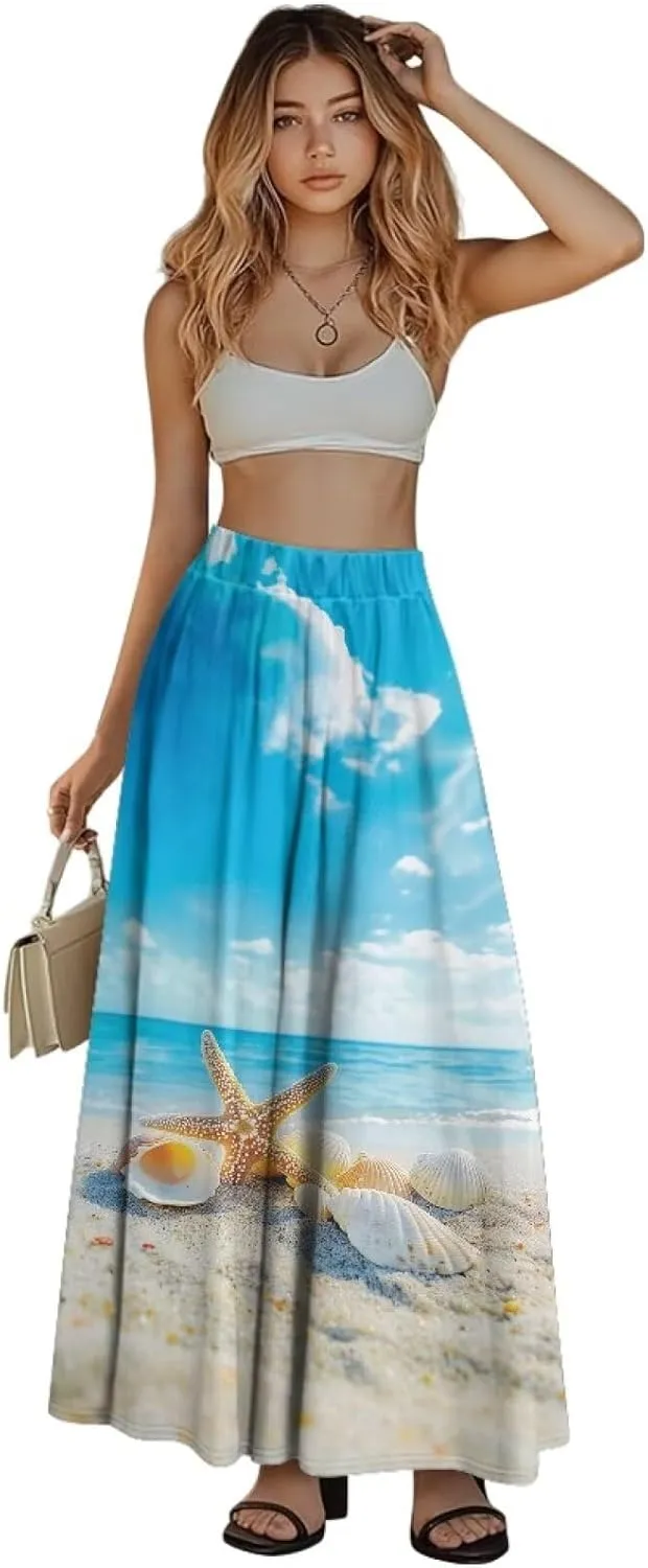 Women Long Skirt Casual A Line Ruffle Swing Flowy Skorts with Side Pokcet and Elastic Band S-XXL