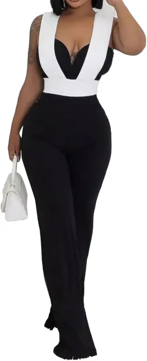 Women Sexy White Striped Jumpsuit Wide Leg Pants One Piece Outfits Sets