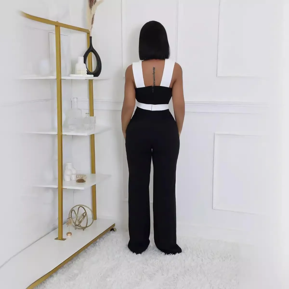 Women Sexy White Striped Jumpsuit Wide Leg Pants One Piece Outfits Sets