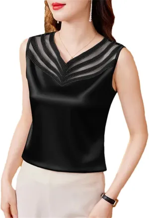 Women Summer Silk Satin Shirt Patchwork Lace Camisole Tops V-Neck Sleeveless Casual Women Clothing