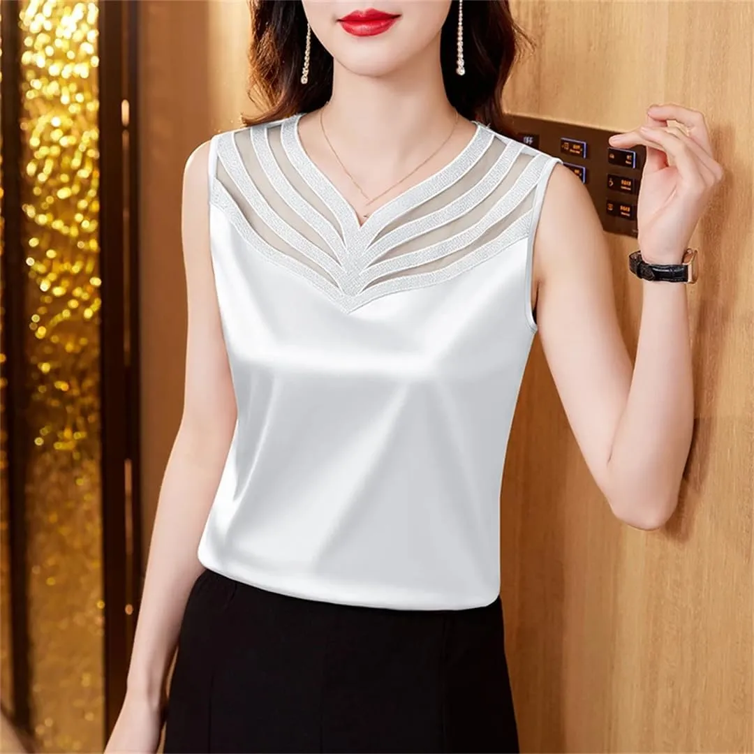 Women Summer Silk Satin Shirt Patchwork Lace Camisole Tops V-Neck Sleeveless Casual Women Clothing