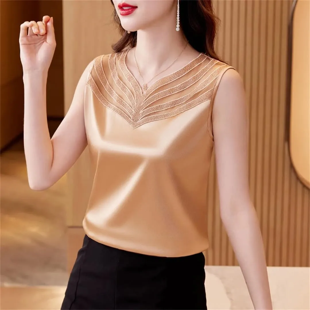 Women Summer Silk Satin Shirt Patchwork Lace Camisole Tops V-Neck Sleeveless Casual Women Clothing