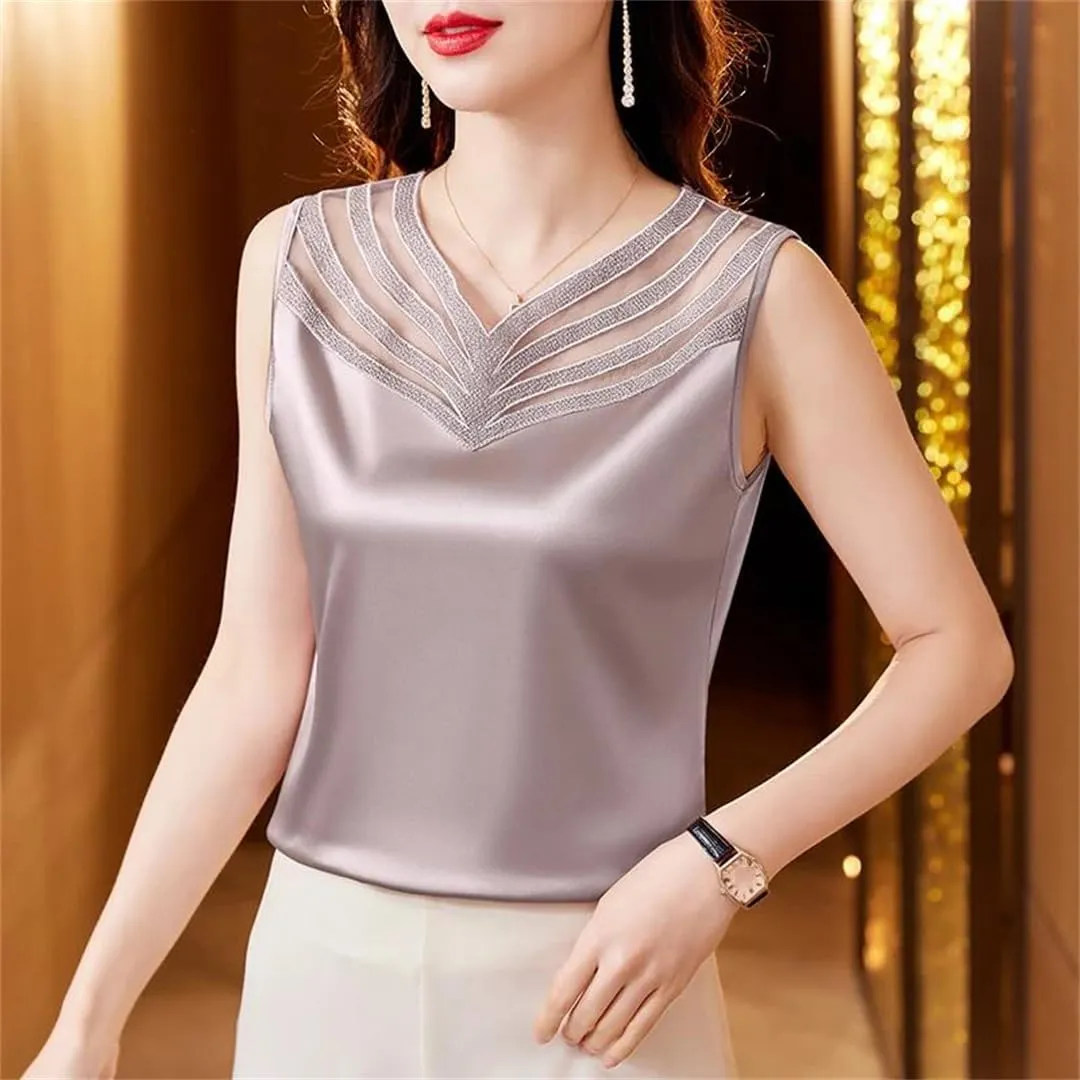 Women Summer Silk Satin Shirt Patchwork Lace Camisole Tops V-Neck Sleeveless Casual Women Clothing