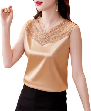 Women Summer Silk Satin Shirt Patchwork Lace Camisole Tops V-Neck Sleeveless Casual Women Clothing