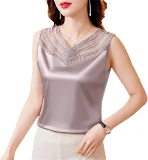 Women Summer Silk Satin Shirt Patchwork Lace Camisole Tops V-Neck Sleeveless Casual Women Clothing