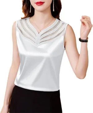Women Summer Silk Satin Shirt Patchwork Lace Camisole Tops V-Neck Sleeveless Casual Women Clothing