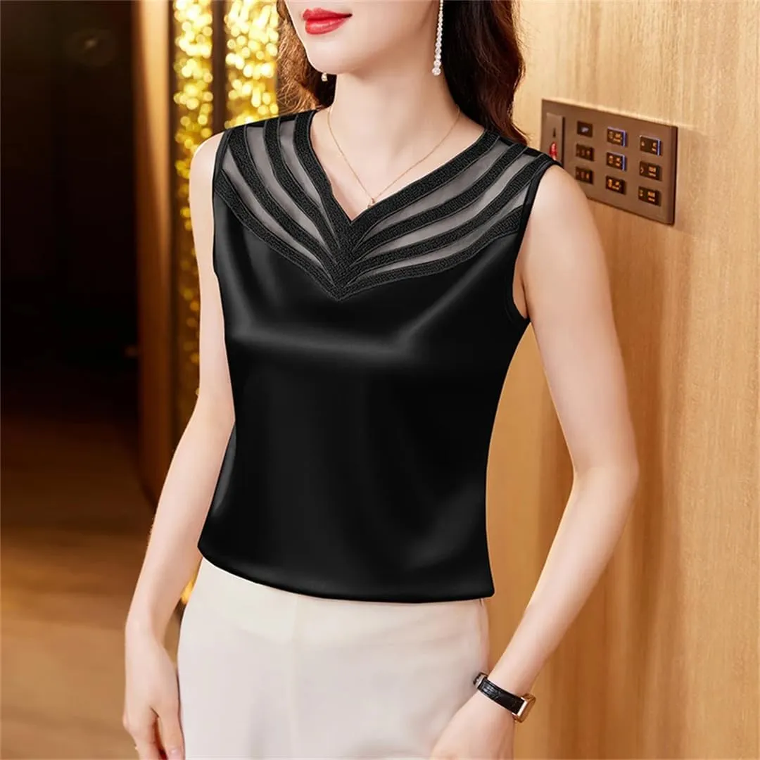 Women Summer Silk Satin Shirt Patchwork Lace Camisole Tops V-Neck Sleeveless Casual Women Clothing
