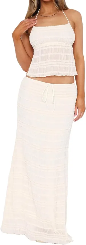 Women Y2k Maxi Skirt Sets Sleeveless Halter Top and Ruffle Tiered Long Skirt Outfits Elegant 2 Piece Beachwear