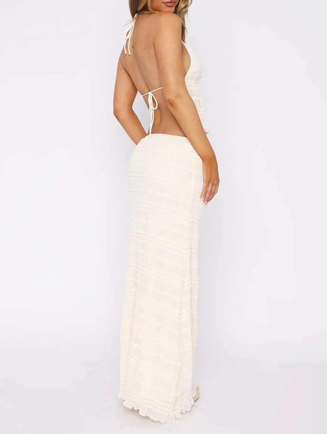 Women Y2k Maxi Skirt Sets Sleeveless Halter Top and Ruffle Tiered Long Skirt Outfits Elegant 2 Piece Beachwear