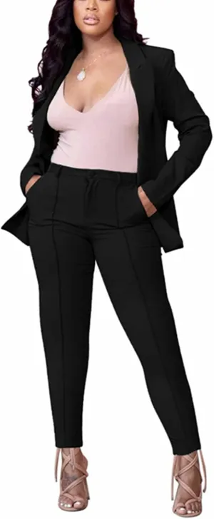 Women's 2 Piece Outfit Deep V Long Sleeve Solid Color Blazer with Pants Elegant Business Suit Sets