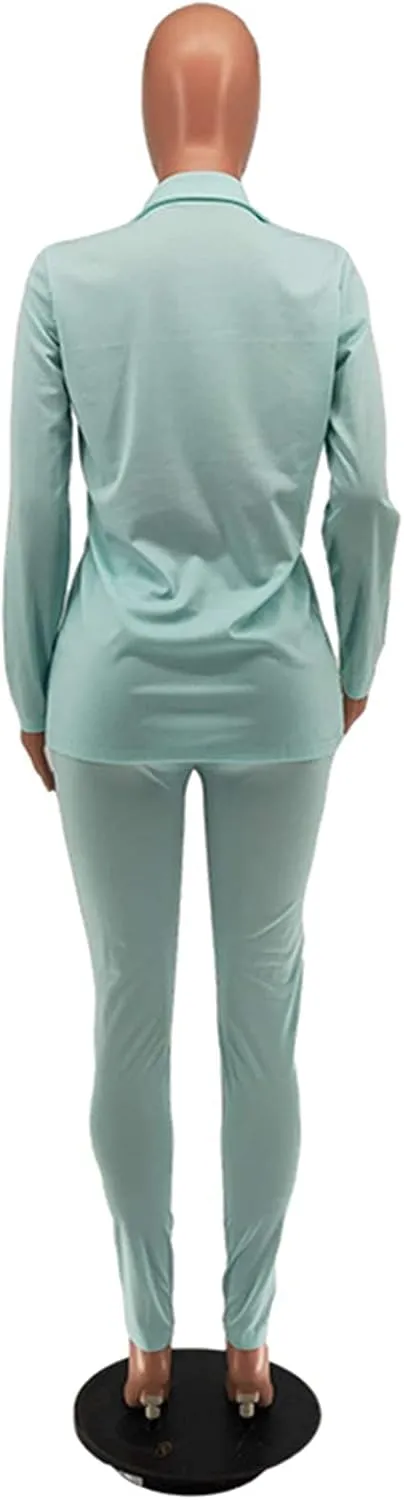 Women's 2 Piece Outfit Deep V Long Sleeve Solid Color Blazer with Pants Elegant Business Suit Sets