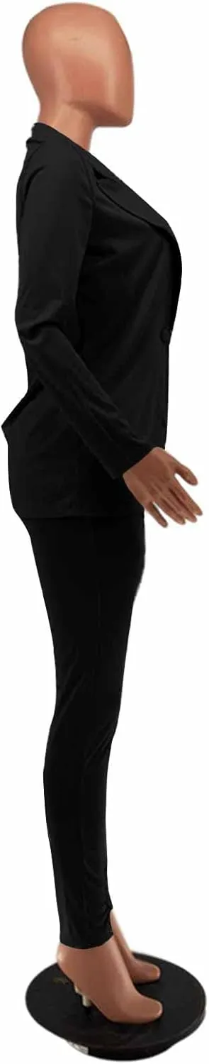 Women's 2 Piece Outfit Deep V Long Sleeve Solid Color Blazer with Pants Elegant Business Suit Sets