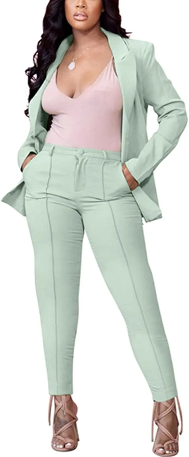 Women's 2 Piece Outfit Deep V Long Sleeve Solid Color Blazer with Pants Elegant Business Suit Sets