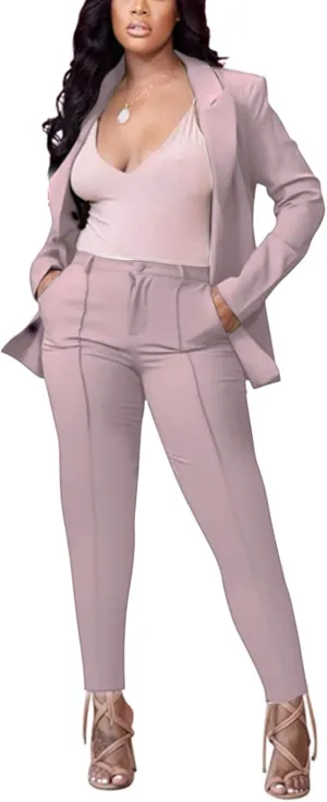Women's 2 Piece Outfit Deep V Long Sleeve Solid Color Blazer with Pants Elegant Business Suit Sets
