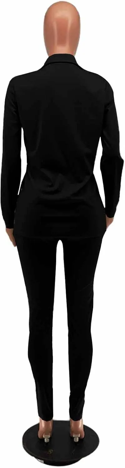 Women's 2 Piece Outfit Deep V Long Sleeve Solid Color Blazer with Pants Elegant Business Suit Sets