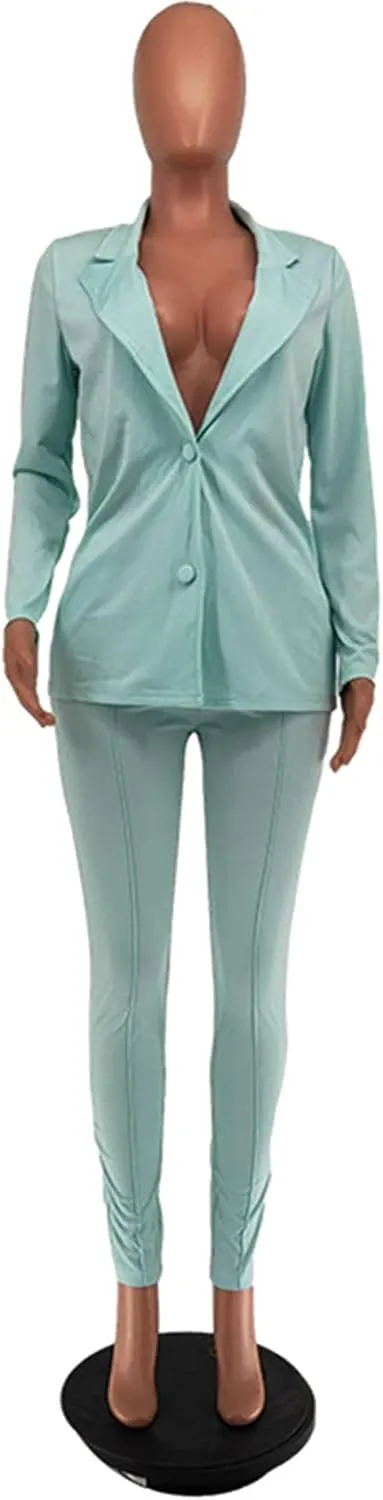 Women's 2 Piece Outfit Deep V Long Sleeve Solid Color Blazer with Pants Elegant Business Suit Sets
