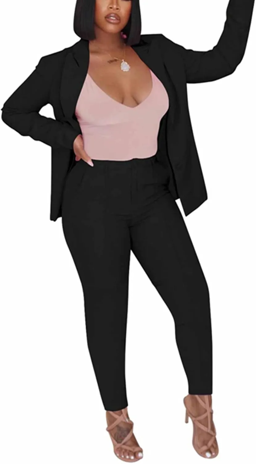 Women's 2 Piece Outfit Deep V Long Sleeve Solid Color Blazer with Pants Elegant Business Suit Sets