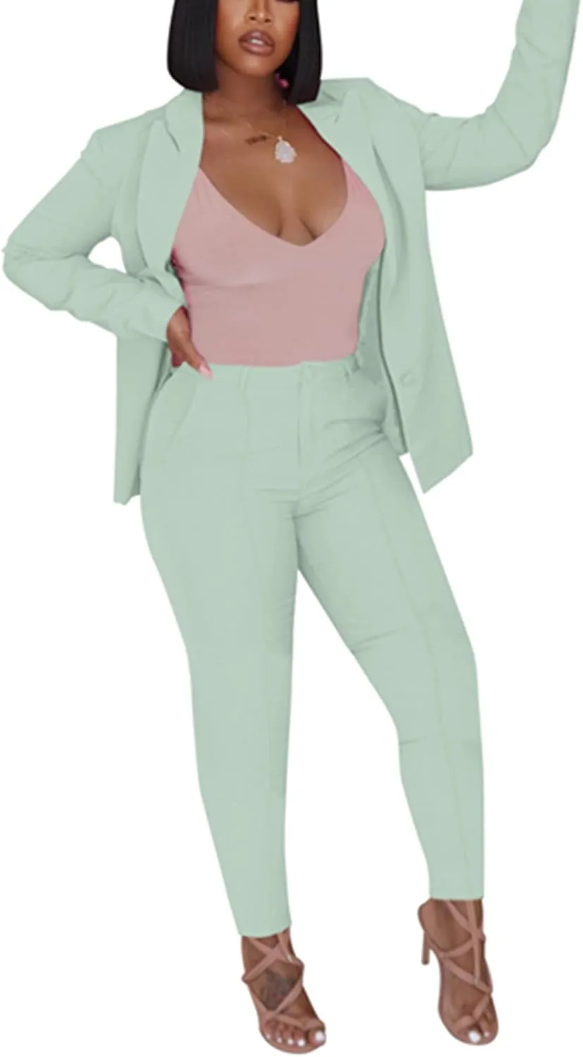 Women's 2 Piece Outfit Deep V Long Sleeve Solid Color Blazer with Pants Elegant Business Suit Sets