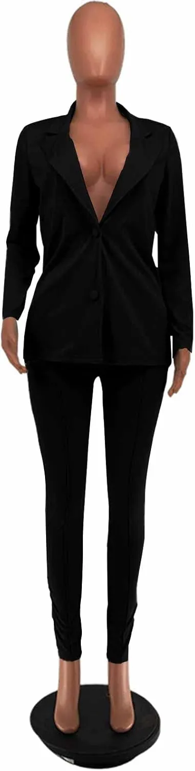 Women's 2 Piece Outfit Deep V Long Sleeve Solid Color Blazer with Pants Elegant Business Suit Sets