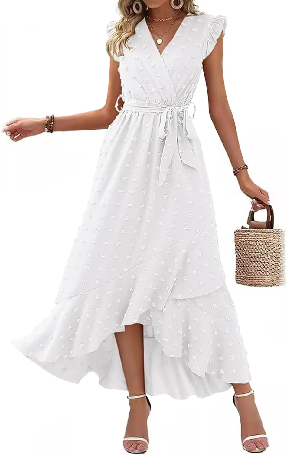 Women's Bohemian Swiss Dot Wrap V Neck Sleeveless Beach Party Maxi Dress Elegant Wedding Guest Sundresses