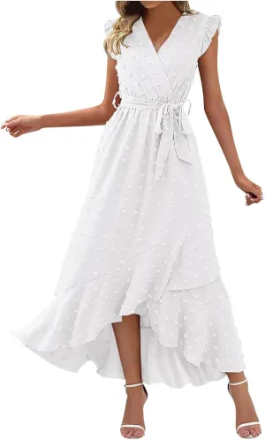 Women's Bohemian Swiss Dot Wrap V Neck Sleeveless Beach Party Maxi Dress Elegant Wedding Guest Sundresses