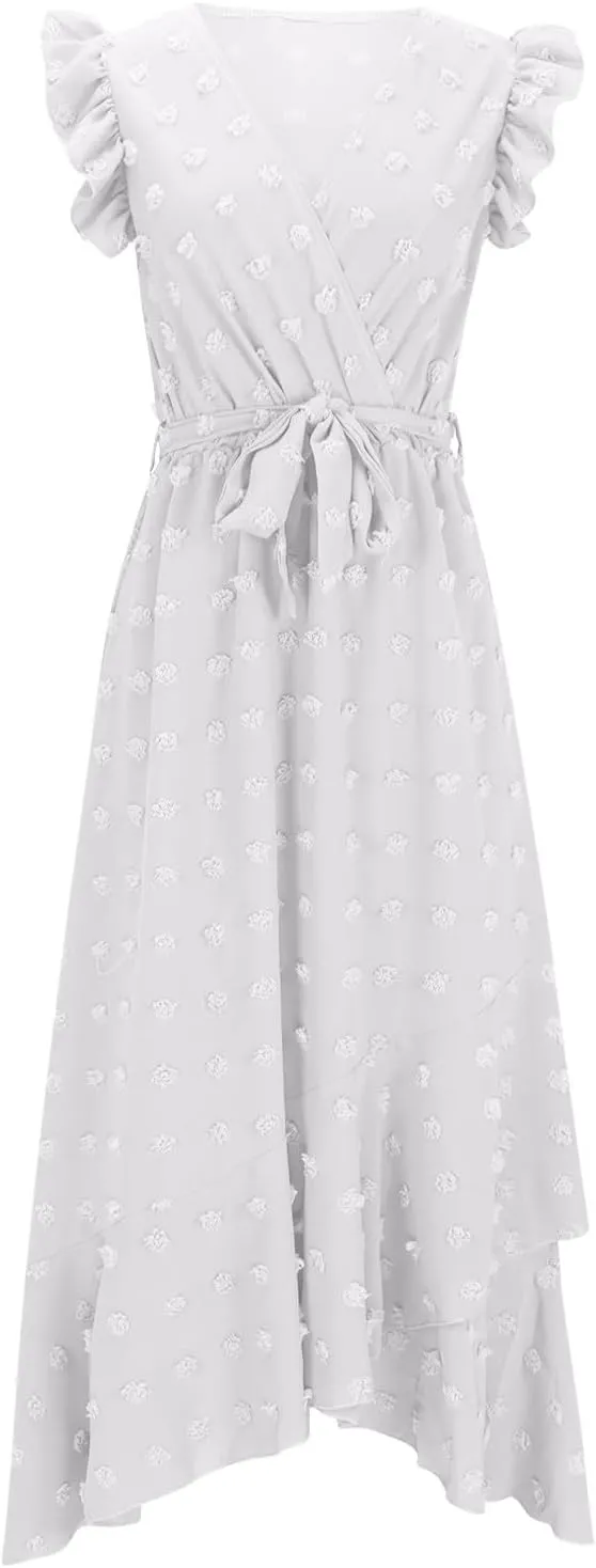 Women's Bohemian Swiss Dot Wrap V Neck Sleeveless Beach Party Maxi Dress Elegant Wedding Guest Sundresses