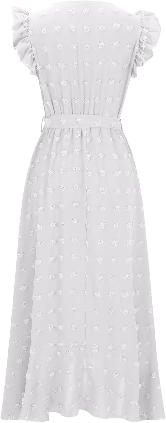 Women's Bohemian Swiss Dot Wrap V Neck Sleeveless Beach Party Maxi Dress Elegant Wedding Guest Sundresses