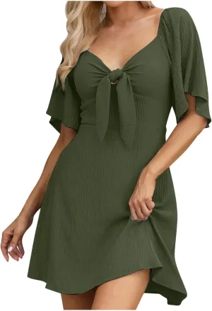 Women's Bow Tie Dresses 2025 Summer Casual Dress Elegant V-Neck Ruffle Short Sleeve Dresses Cocktail Party Mini Dress